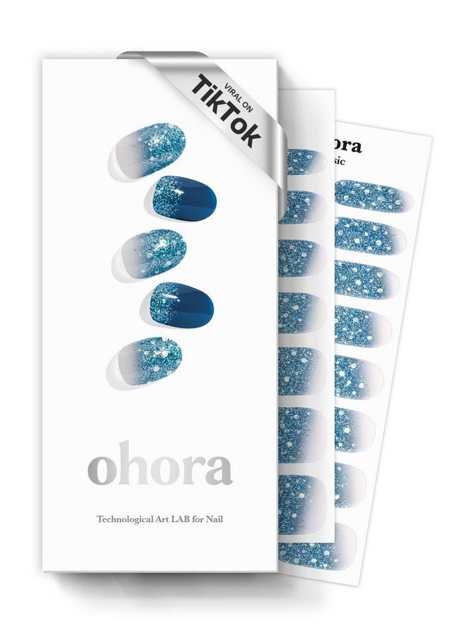 ohora Semi Cured Gel Nail Strips (N Waterbomb) - Blue, Glitter, Works with Any UV/LED Nail Lamps, Salon-Quality, Long Lasting, Easy to Apply & Remove - Includes 2 Prep Pads, Nail File & Wooden Stick