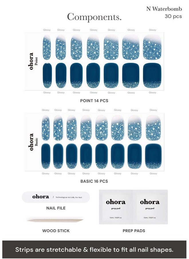 ohora Semi Cured Gel Nail Strips (N Waterbomb) - Blue, Glitter, Works with Any UV/LED Nail Lamps, Salon-Quality, Long Lasting, Easy to Apply & Remove - Includes 2 Prep Pads, Nail File & Wooden Stick