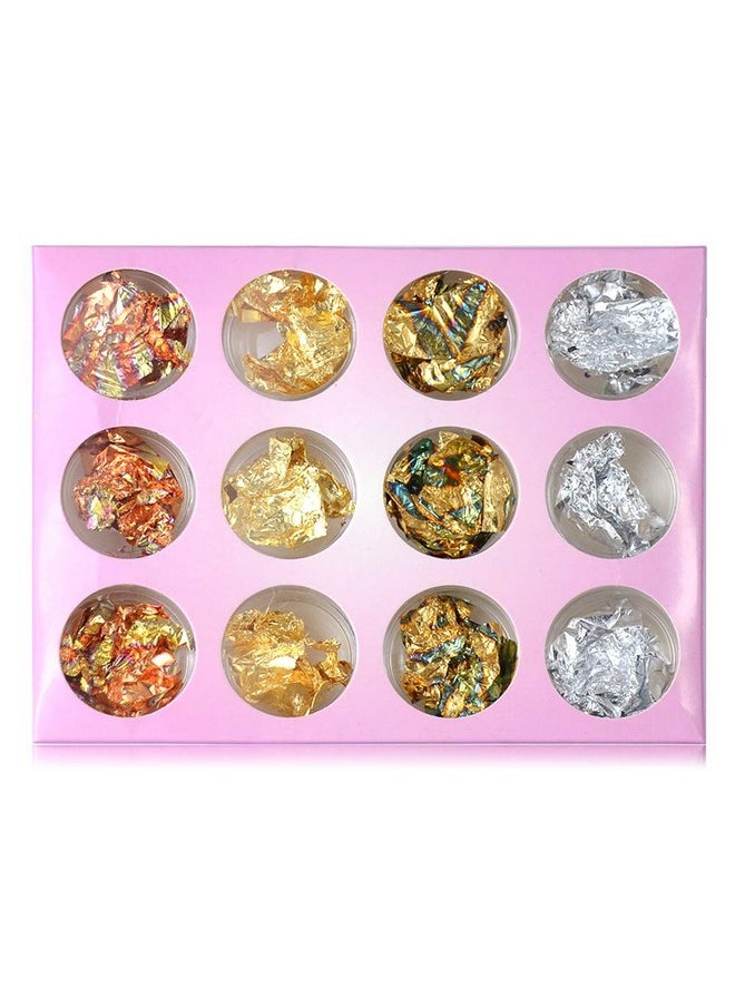 YesLady Gold Silver Nail Art Foil Aluminum Sticker 3d Glitter Flake Decoration 12 Pots