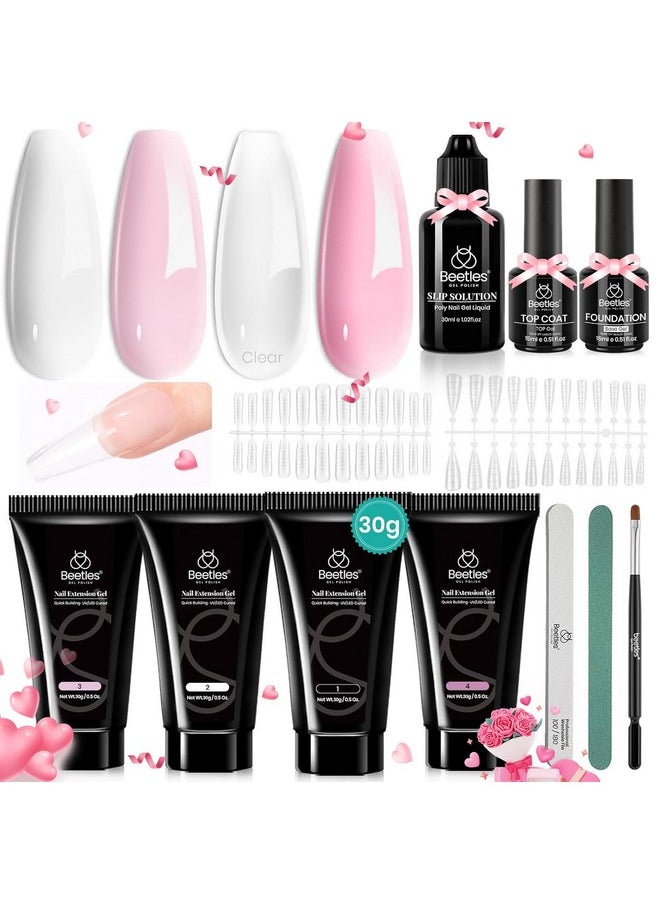 Beetles Poly Nail Extension Gel Kit, 4 Colors Pink White Poly Nail Gel Builder Sheer Pink Nail Gel Clear Nail Art Kit with Poly Brush & Slip Solution Nail Salon All In 1 Kit Valentine's Gift for Women
