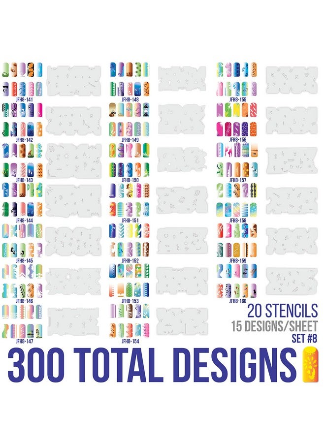 Custom Body Art Airbrush Nail Stencils - Design Series Set # 8 Includes 20 Individual Nail Templates with 16 Designs Each for a Total of 320 Designs of Series #8