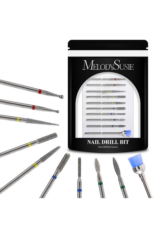 MelodySusie 10pcs Nail Drill Bits Set, 3/32 Inch Diamond Cuticle Nail Bits Kit for Nail Drill E-File, Manicure Pedicure Remover Tools for Acrylic Gel Nails, Salon Home Nail Care Supplies, Silver