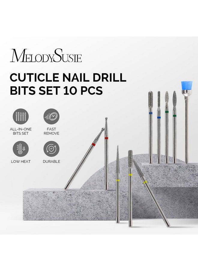 MelodySusie 10pcs Nail Drill Bits Set, 3/32 Inch Diamond Cuticle Nail Bits Kit for Nail Drill E-File, Manicure Pedicure Remover Tools for Acrylic Gel Nails, Salon Home Nail Care Supplies, Silver