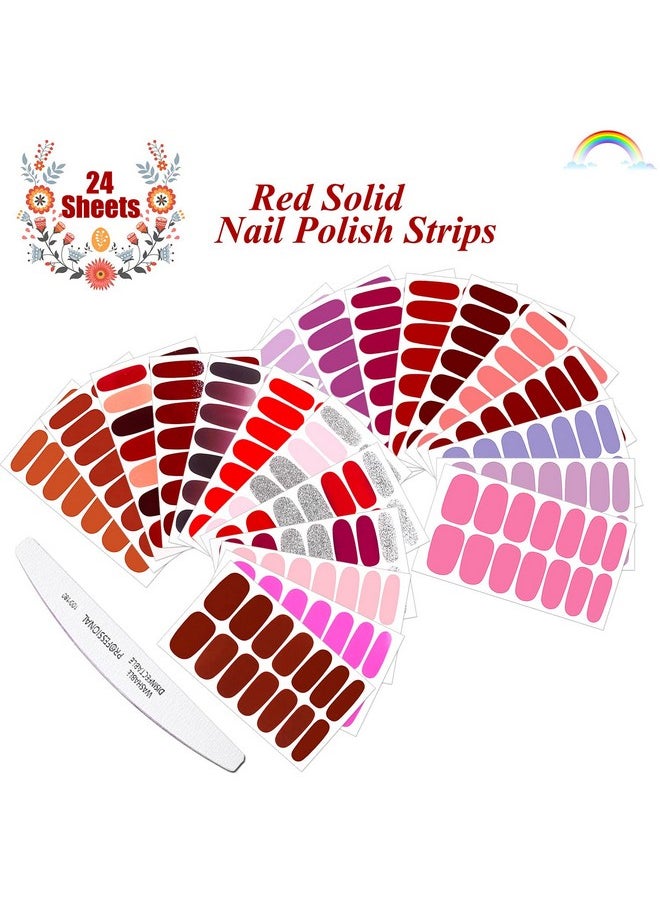 JERCLITY 24 Sheets Red Solid Color Nail Polish Strips Stickers Warm Color Full Nail Wraps Self Adhesive Nail Art Decal Nail Strips with Nail File for Women Girls DIY Nail Art