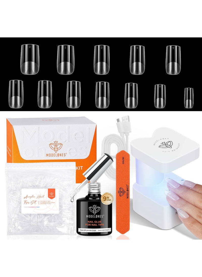 modelones Gel Nail Kit, Short Square Gel Nail Tips 9-in-One Nail Glue & Portable U V Nail Lamp, 216Pcs 12Sizes Press On Acrylic False Nails Tip DIY Nails Art Nail Extension Gift for Women