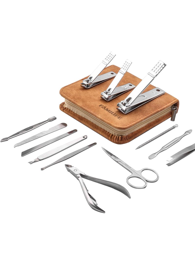 FAMILIFE Manicure Set, Nail Professional Kit Manicure Kits Nail Clipper Sets, 13PCS Stainless Steel Pedicure Sets Mens Grooming Tool, with Brown Leather Travel Case for Men
