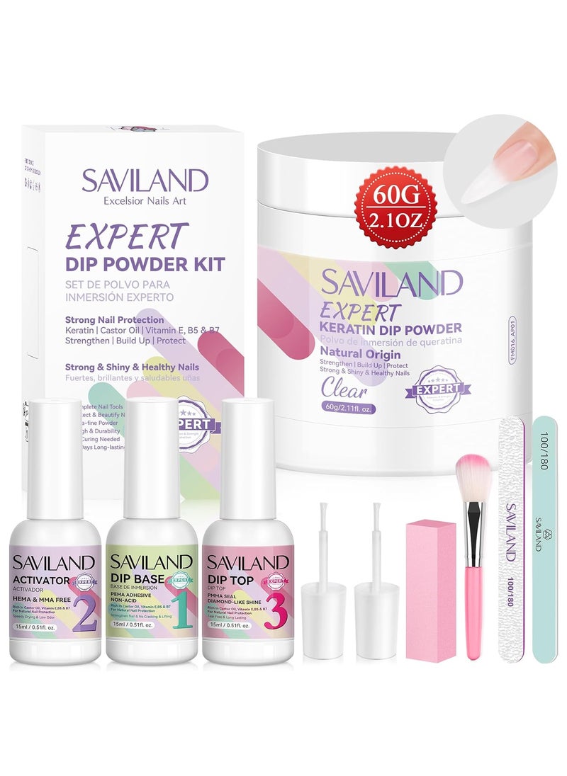 SAVILAND Clear Dip Powder Nail Kit Starter: 60g 2.1oz Dip Powder for Nails with Dipping Powder Liquid Set Dip Base Activator and Top Coat Professional Dip Nail Kit Repair for French Manicure Nail Art