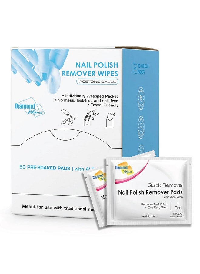 Diamond Wipes Nail Polish Remover Wipes with Aloe Vera, Acetone Nail Polish Remover Pads, 50 Individually Wrapped Nail Polish Wipes