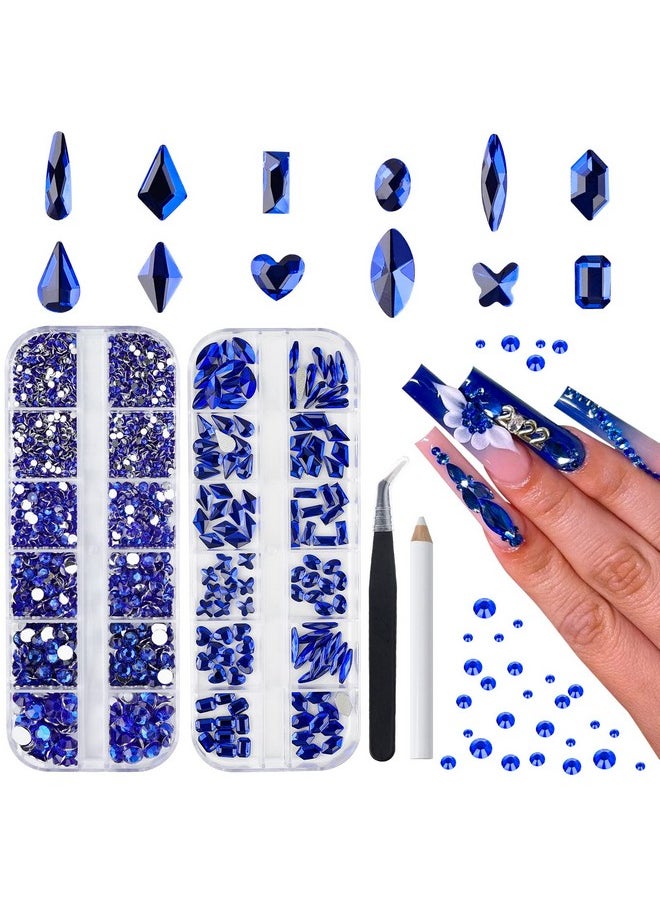 Canvalite 1820Pcs Blue Rhinestones Nail Gems, 12 Styles 3D Glass Crystals Nail Charms Shiny Multi Shape Flatback Nail Rhinestones for Nail Art with Rhinestones Picker and Tweezers for DIY Nail Art