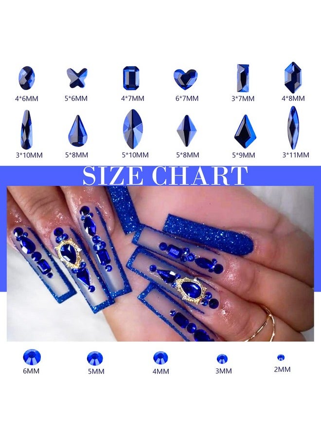 Canvalite 1820Pcs Blue Rhinestones Nail Gems, 12 Styles 3D Glass Crystals Nail Charms Shiny Multi Shape Flatback Nail Rhinestones for Nail Art with Rhinestones Picker and Tweezers for DIY Nail Art