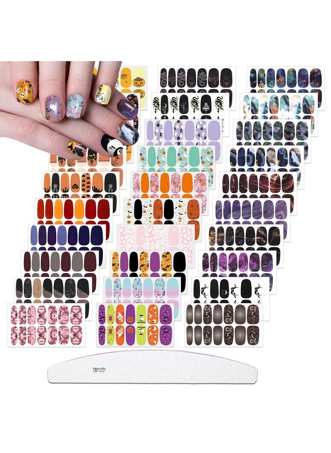 XEAOHESY 30 Sheets Marbled Halloween Real Nail Polish Strips Stickers With Nail File Halloween Nail Stickers Full Nail Wraps for Women Halloween Nail Art