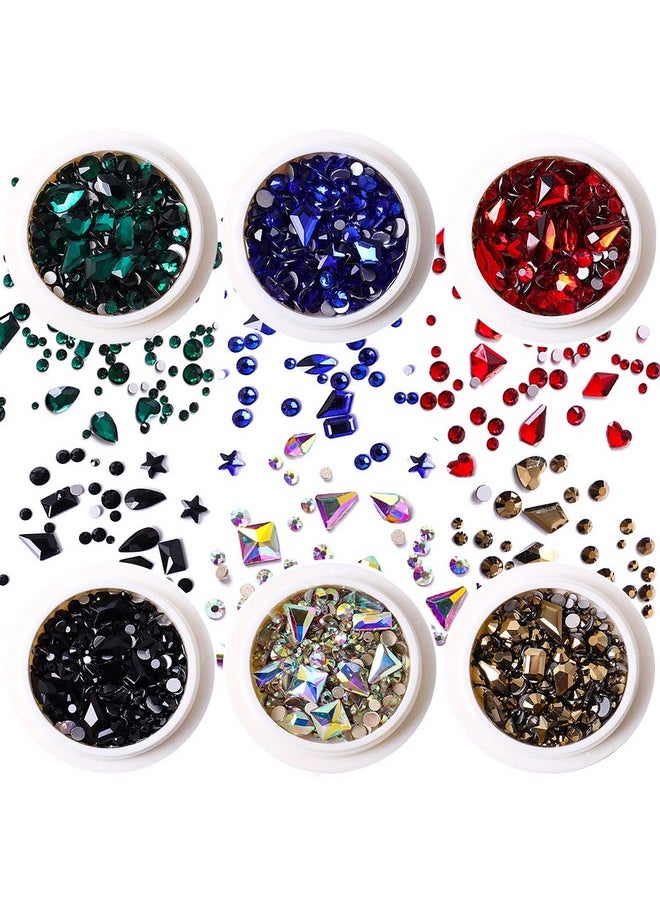 JERCLITY 6 Boxes Green Black Blue Gold Crystal AB Red Nail Rhinestones for Nails Flat Back Mix Color Multi Shaped Sized Nail Crystals Gems Stones Rhinestones for Nail DIY Crafts Clothes Shoes Jewelry
