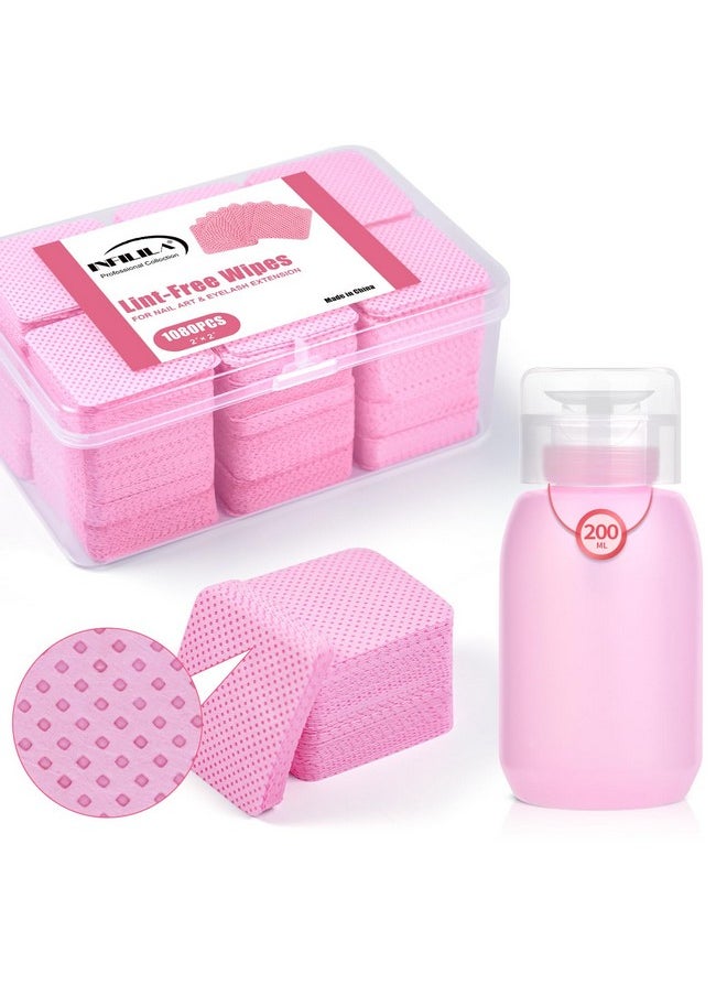 NXJ INFILILA 1080PCS Lint Free Nail Wipes Kit, Pink Gel Nail Polish Remover Set With 1PCS Acetone Pump Dispenser Bottle 200ml(6.8oz) for Professional Soak Off Gel Nail Polish Nail Remover