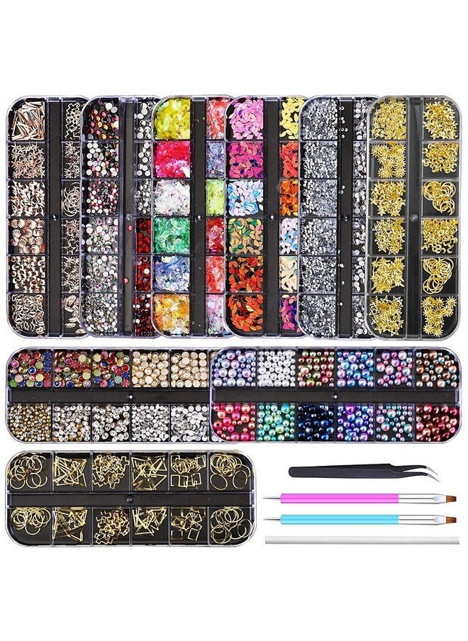Artdone 9 boxes Nail Rhinestones,Nail Gems Nail Diamonds,Nail Art Studs Nail Crystals Nail Sequins for Nails Kit with 1 Tweezers and 3 Pen for Nail Art Supplies Accessories
