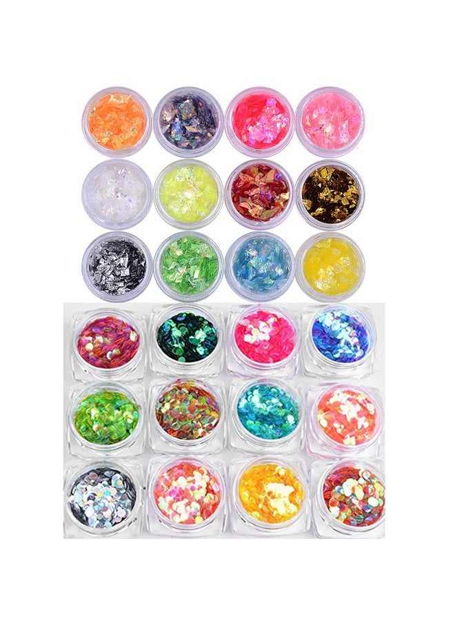 Yeslady Nail Glitters Mylar Slices Sequins Chunky Iridescent Flakes Round Mermaid Charms DIY Art Sticker Tips Decoration 24Boxes