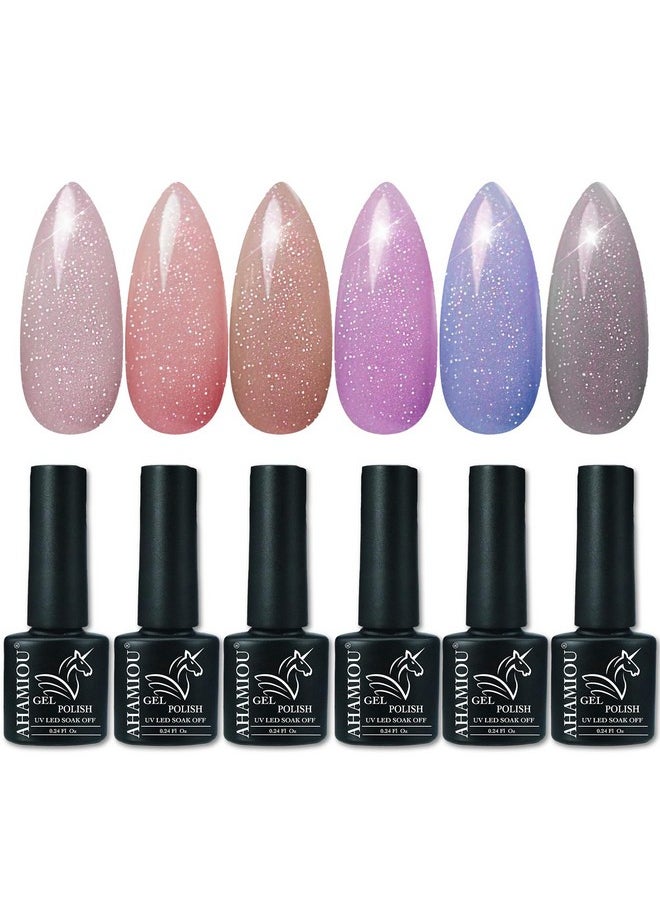 AHAMIOU Nail Polish Holographic Pink Shimmer Gel Nails Glitter Set Sparkly Shiny Reflective Nail Polish Kit Neutral Sheer Nude Gel Polish Diamond Gel for Home Salon DIY,6PCS