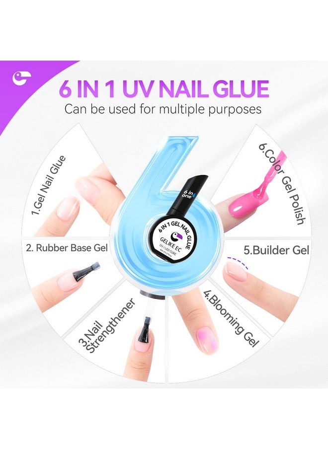 UV Glue for Nails - 6 in 1 UV Nail Glue with Jelly Gel Polish Base Coat,Gelike EC Strong Adhesive for Press on Nails Acrylic Tips,Ideal for Salon and Beginners