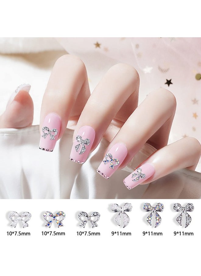 JERCLITY 30 Pieces Silver Bow Nail Charms Alloy Bow Charms Gems for Nails Bowknot Nail Studs Inlaid Pearl Clear Iridescent Rhinestone for Women Girls Nail Art