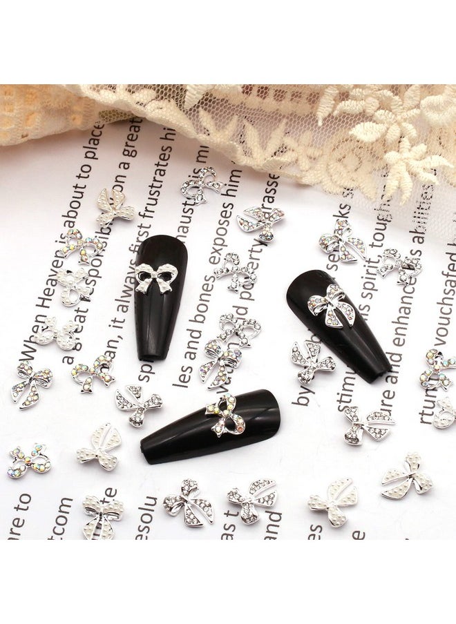JERCLITY 30 Pieces Silver Bow Nail Charms Alloy Bow Charms Gems for Nails Bowknot Nail Studs Inlaid Pearl Clear Iridescent Rhinestone for Women Girls Nail Art