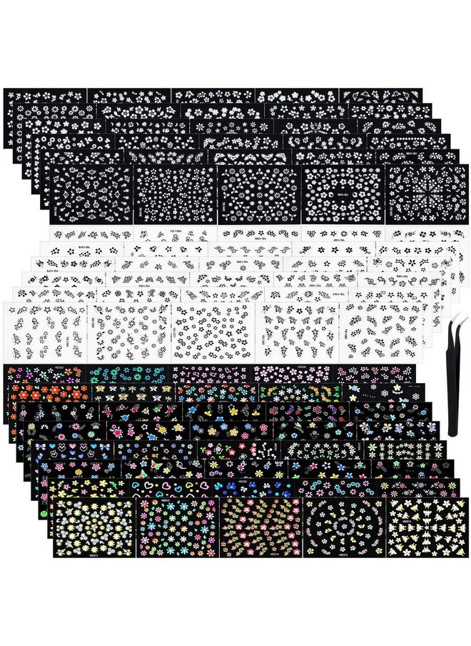 5000 Pieces Flower Nail Stickers 100 Sheets 3D Self-Adhesive Nail Floral Stickers Multi-Design Flower Nail Decals Multicolor Flower Manicure Stickers with Tweezer (Classic-Chic Floral Series)