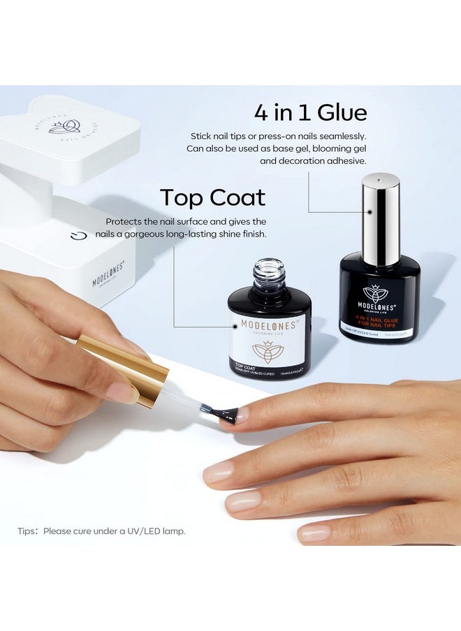 modelones Gel Nail Glue and Top Coat 15ml 4 in 1 Nail Glue Base Coat Nail Glue Kit 2Pcs for Gel Nail Polish No Wipe Top Coat High Gloss, Rhinestone Glue False Nails, Blooming Nail Art Gel