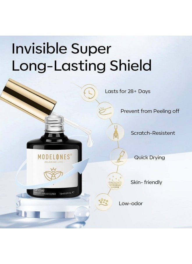 modelones Gel Nail Glue and Top Coat 15ml 4 in 1 Nail Glue Base Coat Nail Glue Kit 2Pcs for Gel Nail Polish No Wipe Top Coat High Gloss, Rhinestone Glue False Nails, Blooming Nail Art Gel