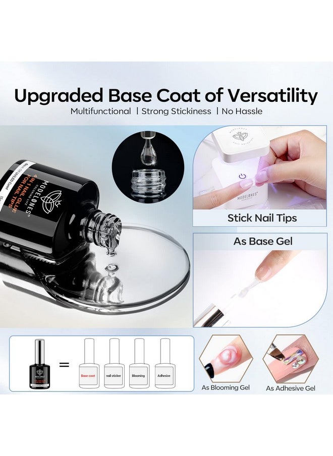 modelones Gel Nail Glue and Top Coat 15ml 4 in 1 Nail Glue Base Coat Nail Glue Kit 2Pcs for Gel Nail Polish No Wipe Top Coat High Gloss, Rhinestone Glue False Nails, Blooming Nail Art Gel