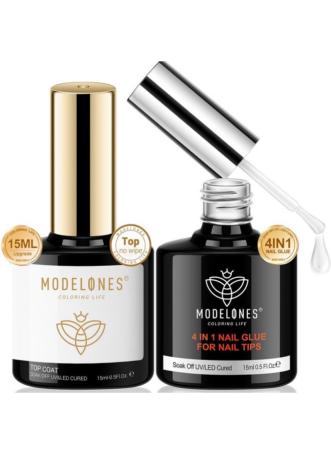 modelones Gel Nail Glue and Top Coat 15ml 4 in 1 Nail Glue Base Coat Nail Glue Kit 2Pcs for Gel Nail Polish No Wipe Top Coat High Gloss, Rhinestone Glue False Nails, Blooming Nail Art Gel
