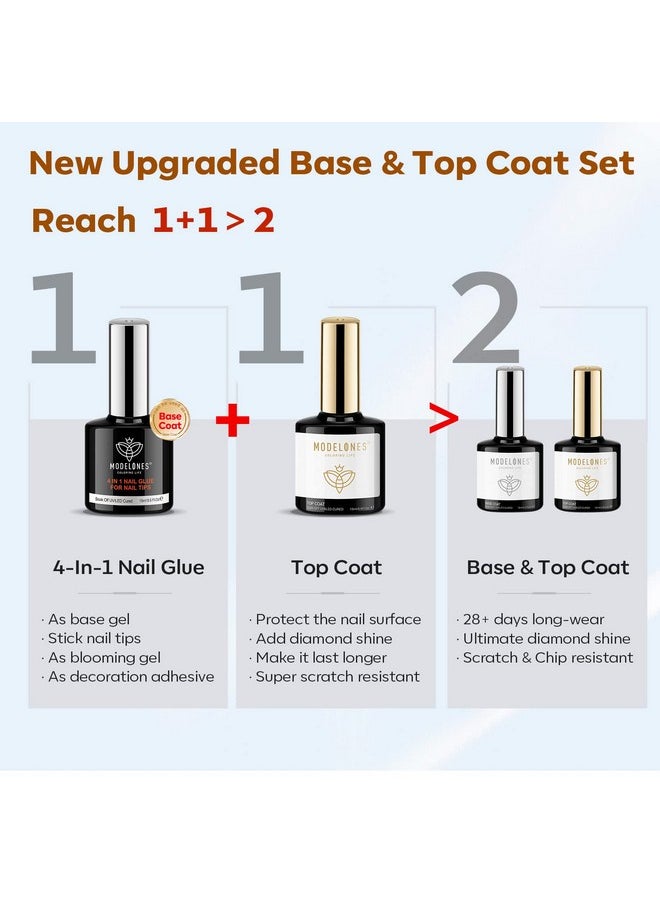 modelones Gel Nail Glue and Top Coat 15ml 4 in 1 Nail Glue Base Coat Nail Glue Kit 2Pcs for Gel Nail Polish No Wipe Top Coat High Gloss, Rhinestone Glue False Nails, Blooming Nail Art Gel