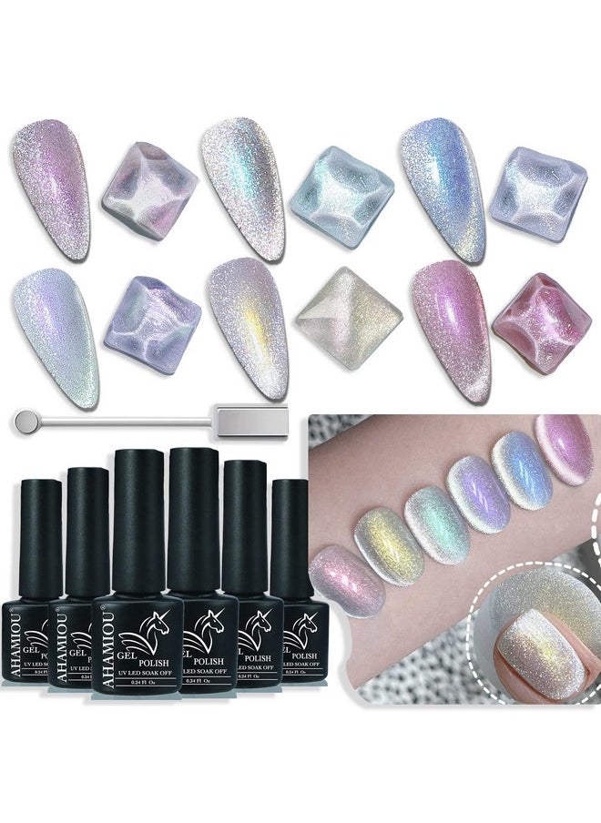AHAMIOU Aurora Cat Eye Gel Polish Kits Crystal Broken Diamond Magnetic Nail Polish Set Holographic Cats Eyes Gel Nail Polish Shiny Glitter Gel,6PCS