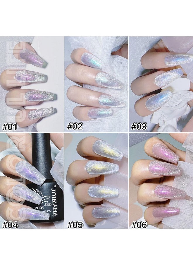 AHAMIOU Aurora Cat Eye Gel Polish Kits Crystal Broken Diamond Magnetic Nail Polish Set Holographic Cats Eyes Gel Nail Polish Shiny Glitter Gel,6PCS