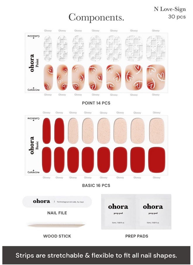 ohora Semi Cured Gel Nail Strips (N Love-Sign) - Red, Patterned, Works with Any UV/LED Nail Lamps, Salon-Quality, Long Lasting, Easy to Apply & Remove - Includes 2 Prep Pads, Nail File & Wooden Stick