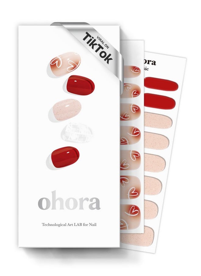 ohora Semi Cured Gel Nail Strips (N Love-Sign) - Red, Patterned, Works with Any UV/LED Nail Lamps, Salon-Quality, Long Lasting, Easy to Apply & Remove - Includes 2 Prep Pads, Nail File & Wooden Stick
