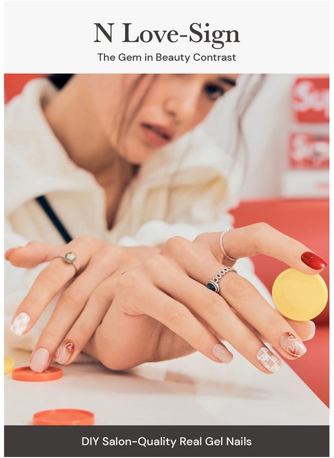 ohora Semi Cured Gel Nail Strips (N Love-Sign) - Red, Patterned, Works with Any UV/LED Nail Lamps, Salon-Quality, Long Lasting, Easy to Apply & Remove - Includes 2 Prep Pads, Nail File & Wooden Stick
