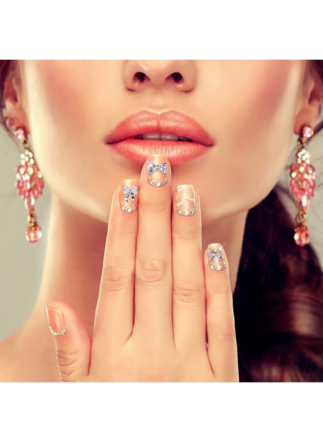 JERCLITY 33 Pieces Silver Alloy Bow Charms for Nails Bow Nail Charms Gems Bowknot Nail Studs Inlaid Pearl Clear Iridescent Rhinestone for Women Girls Nail Art