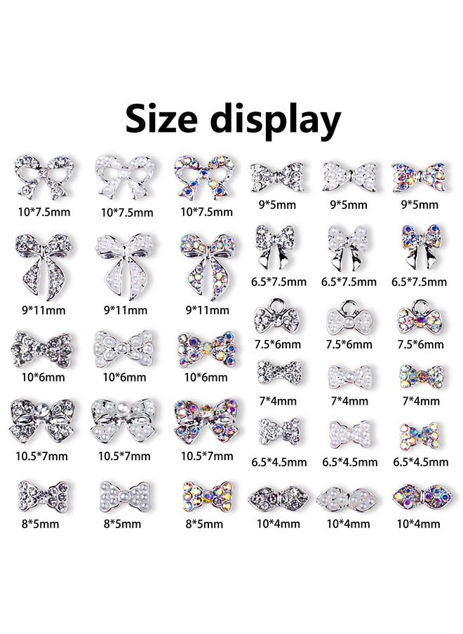 JERCLITY 33 Pieces Silver Alloy Bow Charms for Nails Bow Nail Charms Gems Bowknot Nail Studs Inlaid Pearl Clear Iridescent Rhinestone for Women Girls Nail Art