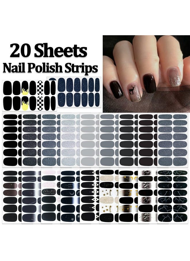 SILPECWEE 20 Sheets Black Style Nail Wraps for Women Stick on Nail Polish Strips Glitter Solid Color Self Adhesive Nail Polish Stickers Fingernail Manicure Sticker Nail Art with 1pc Nail File