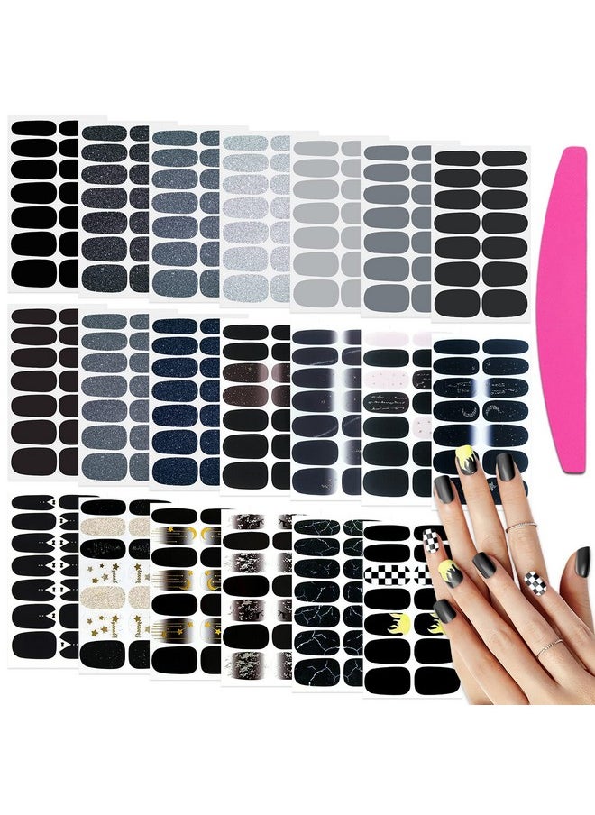 SILPECWEE 20 Sheets Black Style Nail Wraps for Women Stick on Nail Polish Strips Glitter Solid Color Self Adhesive Nail Polish Stickers Fingernail Manicure Sticker Nail Art with 1pc Nail File