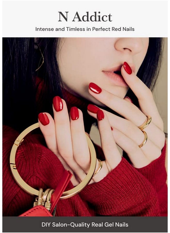 ohora Semi Cured Gel Nail Strips (N Addict) - Red, Solid, Works with Any UV/LED Nail Lamps, Salon-Quality, Long Lasting, Easy to Apply & Remove - Includes 2 Prep Pads, Nail File & Wooden Stick