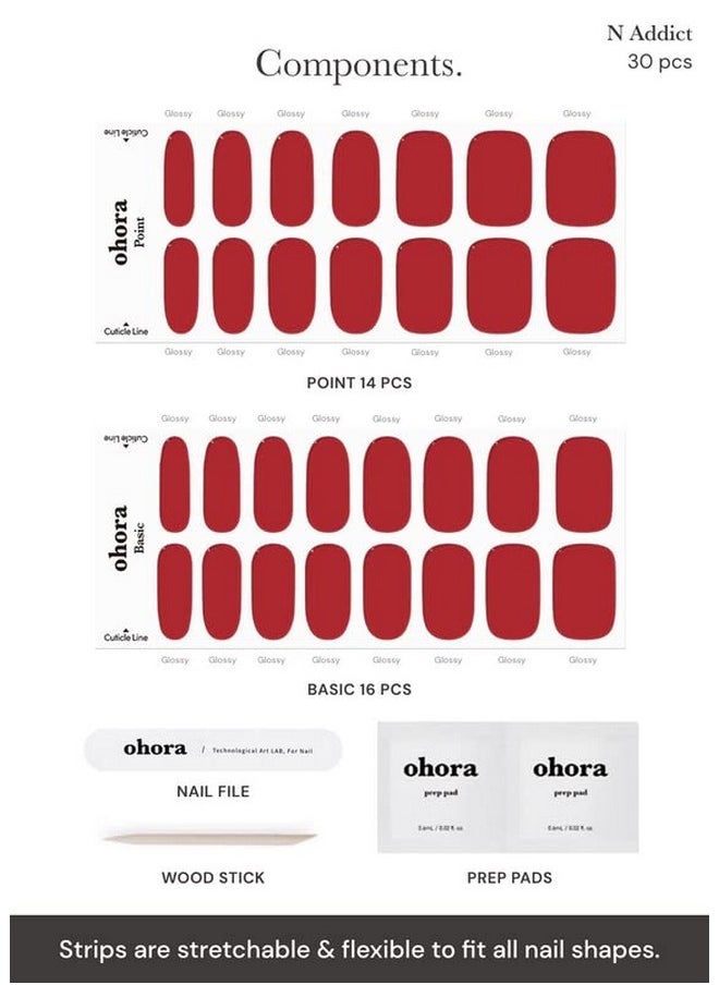 ohora Semi Cured Gel Nail Strips (N Addict) - Red, Solid, Works with Any UV/LED Nail Lamps, Salon-Quality, Long Lasting, Easy to Apply & Remove - Includes 2 Prep Pads, Nail File & Wooden Stick
