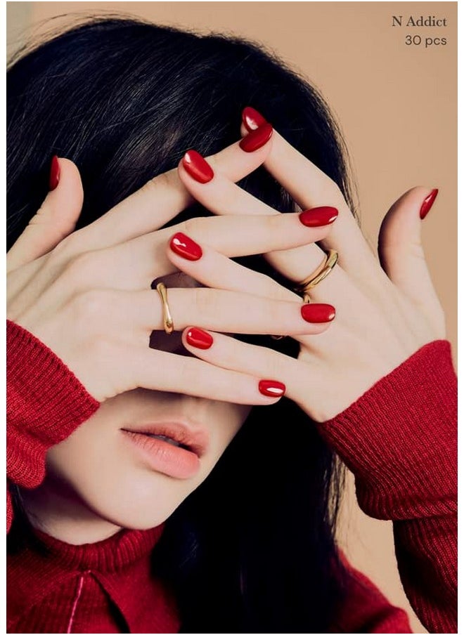 ohora Semi Cured Gel Nail Strips (N Addict) - Red, Solid, Works with Any UV/LED Nail Lamps, Salon-Quality, Long Lasting, Easy to Apply & Remove - Includes 2 Prep Pads, Nail File & Wooden Stick