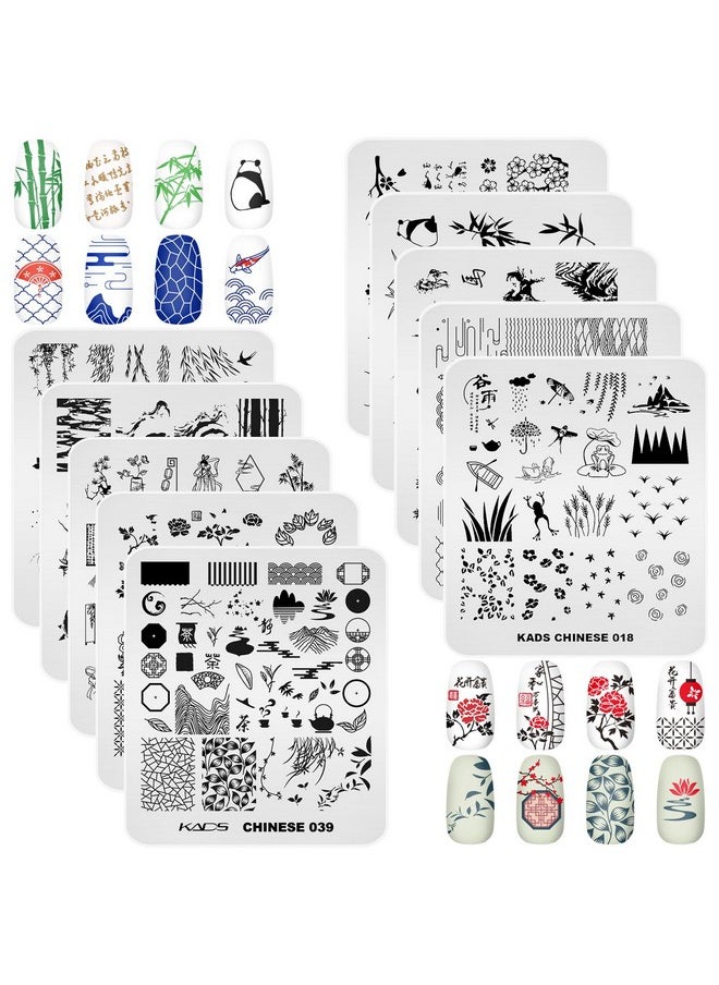 Rolabling 10pcs Nail Art Stamping Plates Set Chinese Classical Element Design Traditional Poem Bamboo Nail Image Template Stencils Plates Manicuring DIY Printing Tools