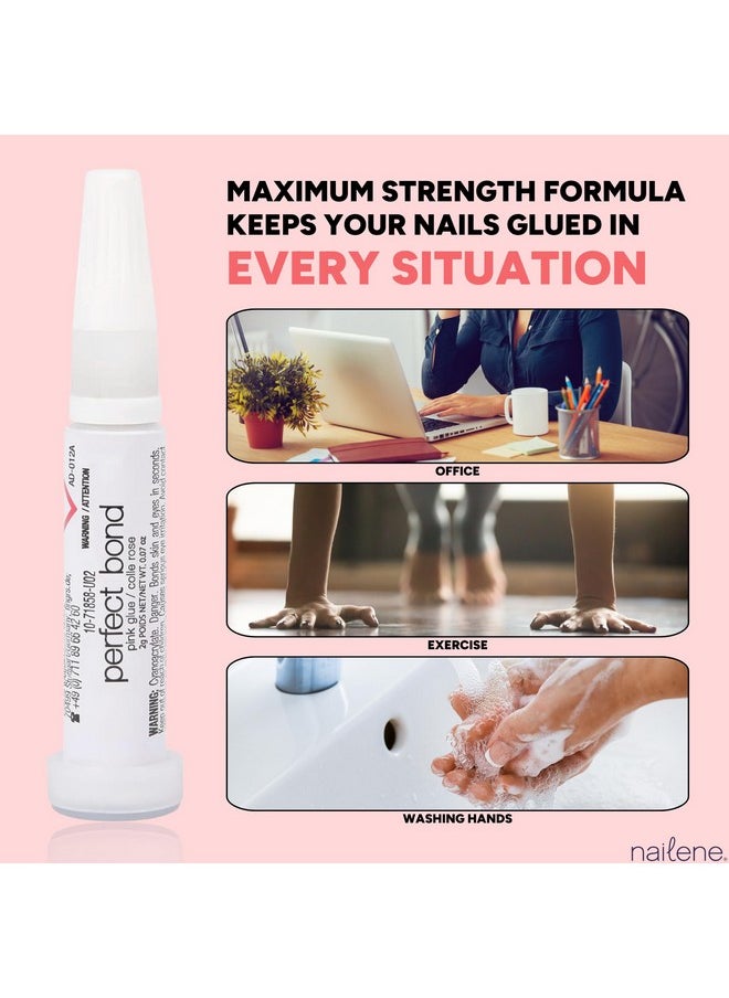 Nailene Perfect Bond Nail Glue - Durable, Easy to Apply False Nail Glue - Repairs Natural Nails - Quick-Drying Nail Adhesive Lasts Up to 7 Days - Pink Tint - 2 g/0.07 oz - 2 Pack