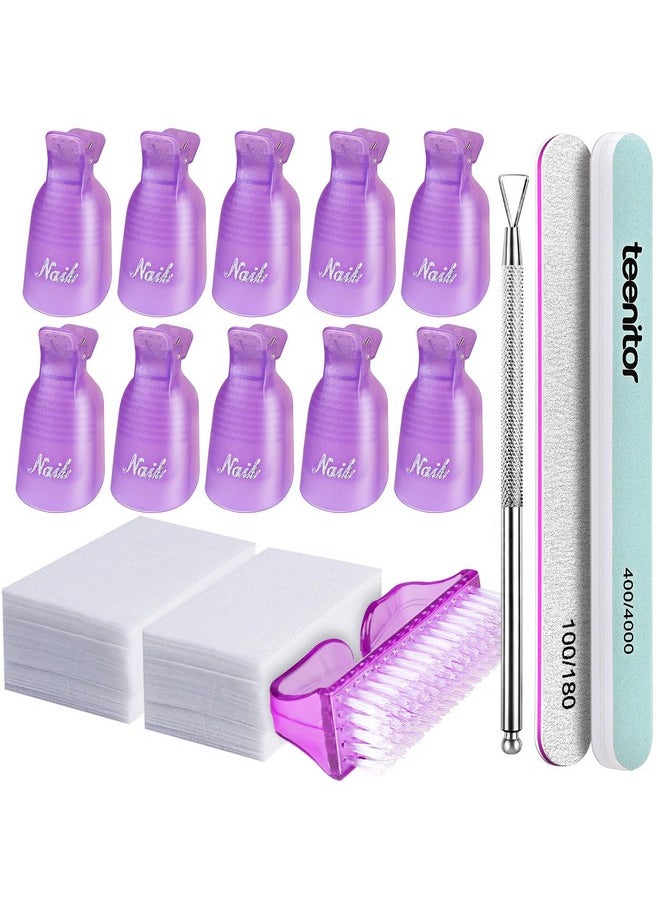Teenitor Nail Polish Gel Remover Tools Kit with Nail Clips Nail Remover Pads Cuticle Pusher Nail Brushes Nail File Grits 120/180 Buffer Block Grits 400/4000, 6 Pack Purple
