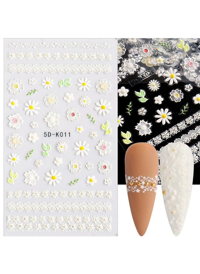 Vnicesli Flower Nail Art Sticker Decals 5D Hollow White Flower Leaf Lace Embossed Carving Design Nail Stickers Self-Adhesive Nail Decals Nail Art Decoration, 3 Sheet