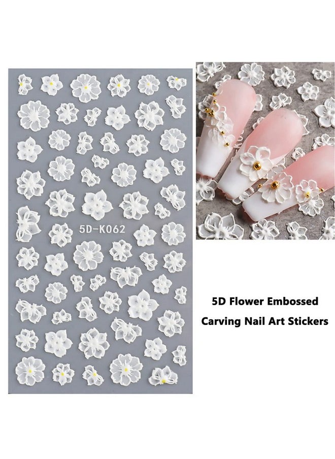 Vnicesli Flower Nail Art Sticker Decals 5D Hollow White Flower Leaf Lace Embossed Carving Design Nail Stickers Self-Adhesive Nail Decals Nail Art Decoration, 3 Sheet