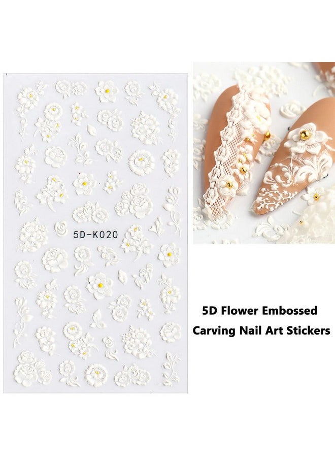 Vnicesli Flower Nail Art Sticker Decals 5D Hollow White Flower Leaf Lace Embossed Carving Design Nail Stickers Self-Adhesive Nail Decals Nail Art Decoration, 3 Sheet