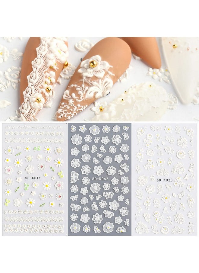 Vnicesli Flower Nail Art Sticker Decals 5D Hollow White Flower Leaf Lace Embossed Carving Design Nail Stickers Self-Adhesive Nail Decals Nail Art Decoration, 3 Sheet