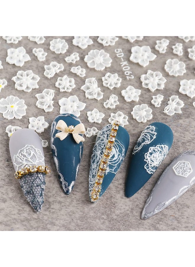 Vnicesli Flower Nail Art Sticker Decals 5D Hollow White Flower Leaf Lace Embossed Carving Design Nail Stickers Self-Adhesive Nail Decals Nail Art Decoration, 3 Sheet