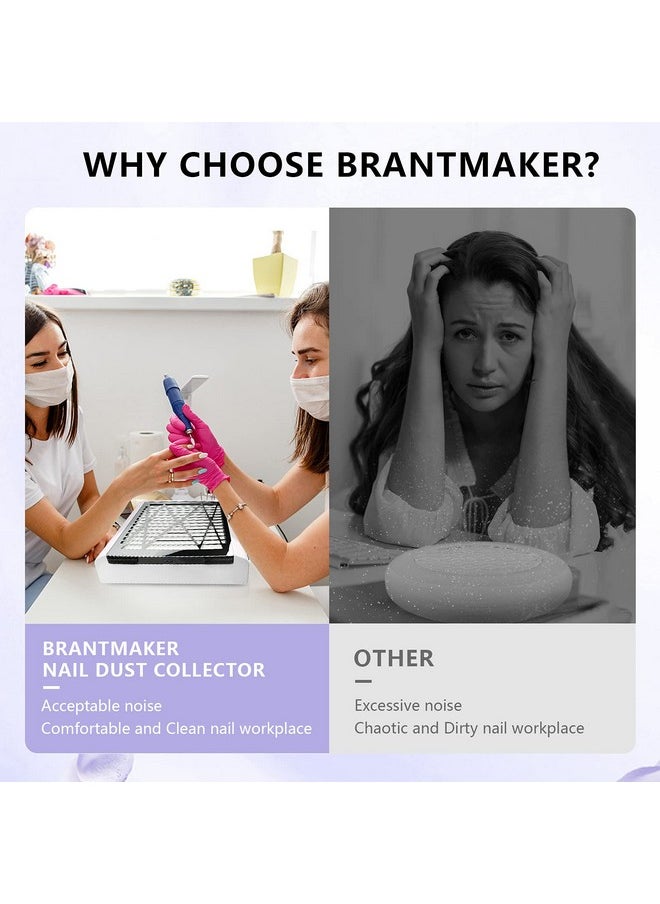 BRANTMAKER Nail Dust Collector with Brush and 2 Reusable Filters, 60W Vacuum Dust Fan for Acrylic Nails (White)